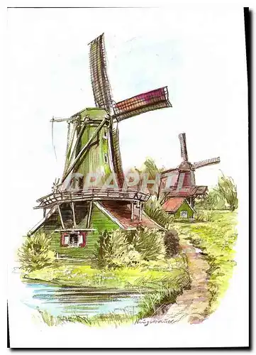 Moderne Karte Schilderll de Zaanse Schans met groene Molen de Husman op de Voorgrond