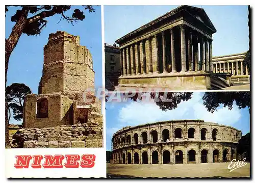 Cartes postales moderne En pays romain Nimes Gard Les trois grands monuments romains la tour Magne la Maison Carree et l