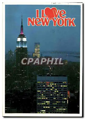 Cartes postales moderne New York Illuminated Empire State Building with the twin towers of the World Trade Center in the