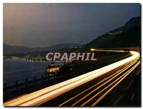 Moderne Karte Lac Leman le Chateau de Chillon et l'autoroute de nuit