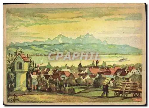 Moderne Karte Gebhard Braun Badenseelandschaft bei Nonnenbort mit Blick in die Schweiz