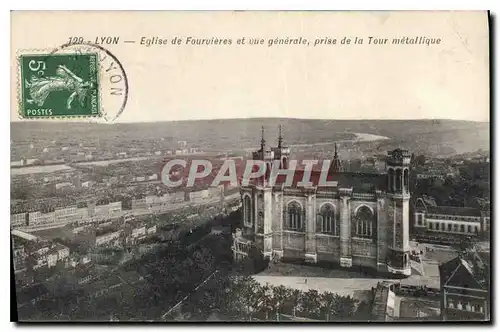 Cartes postales Lyon Eglise de Fourvieres et vue generale prise de la Tour metallique