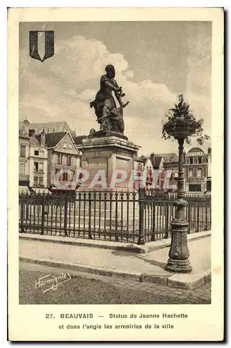 Cartes postales Beauvais Statue de Jeanne Hachette et dans l'angle les armoiries de la ville