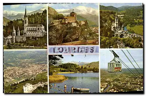 Ansichtskarte AK Souvenir de Lourdes La Basilique et les montagnes Le Chateau Fort Musee Pyreneen La Basilique vu