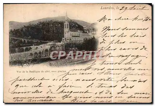 Cartes postales Lourdes Vue Basilique de cote avec piscine Carte 1900