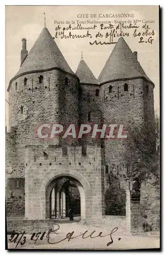 Ansichtskarte AK Cite de Carcassonne Porte de la tour Narbonnaise Statue de Mme Carcas