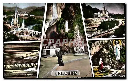 Ansichtskarte AK Lourdes la Basilique la Grotte la Procession aux Flambeaux la Basilique Souterraine l'Apparition