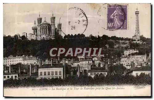 Cartes postales Lyon La Basilique et la Tour de Fourviere prise du Quai St Antoine