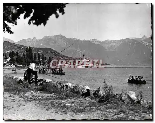 Cartes postales moderne Bord du Lac Leman et les Alpes Peche Pecheur Bateau