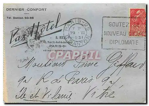 Entier Postal Pax hotel Rue St Andre des Arts Paris 6eme