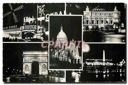 Cartes postales Paris la nuit le Moulin Rouge l'Opera le Sacre Coeur l'Arc de Triomphe de l'Etoile la Place de l