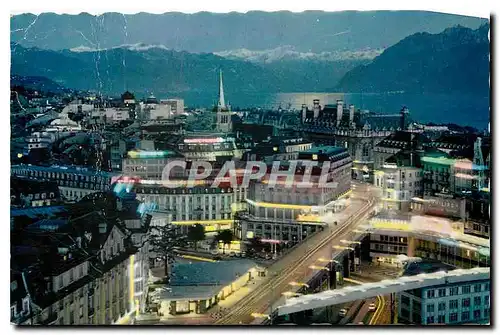 Cartes postales Lausanne Ouchy le Grand Pont et les Alpes de Savoie a la Tombee de la nuit