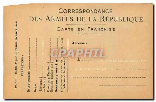 Carte de Franchise Militaire Des Armees de la Republique Modele a pur les troupes en operations