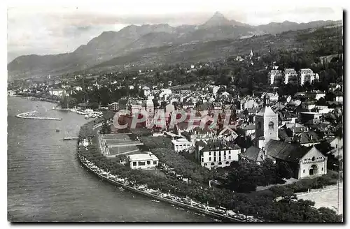 Moderne Karte Evian les Bains Haute Savoie Vue generale aerienne et la Dent d'Oche