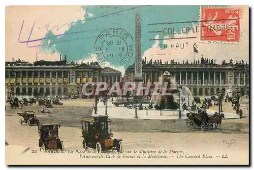 Cartes postales Paris La Place de la Concorde vue sur le Ministere de la Marine l'Automobile Club de France et l