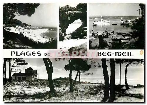 Cartes postales moderne Bretagne Beg Meil Finistere La grande plage le port la roche percee et les pins sur les dunes