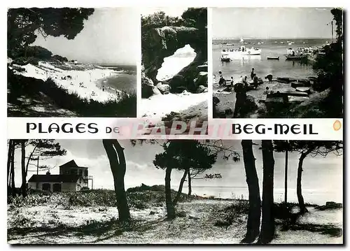 Moderne Karte Bretagne Beg Meil Finistere La grande plage le port la roche percee et les pins sur les dunes