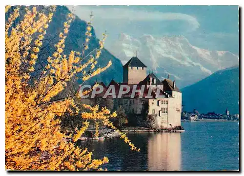 Moderne Karte Lac Leman Chateau de Chillon et les Dents du Midi