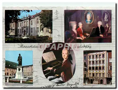 Cartes postales moderne Mozartstadt Salzburg Mozarteum Famile Mozart Denkmal La Ville de Mozart La statue de Mozart la m