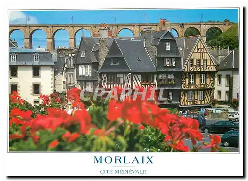 Moderne Karte Couleurs de Bretagne Morlaix Finistere Vieilles Maisons de la place des Halles et le viaduc