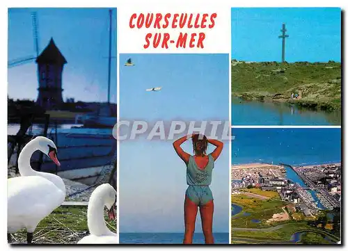Moderne Karte Courseulles sur Mer Calvados Le moulin et les cygnes La croix de Lorraine entre Courseulles et G