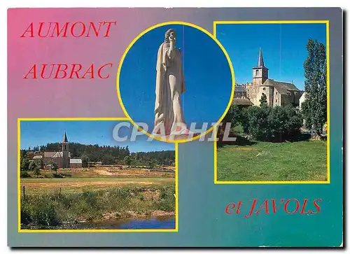 Moderne Karte Aumont Aubrac Lozere Statue du Sacre Coeur l'eglise Vue generale de Javois