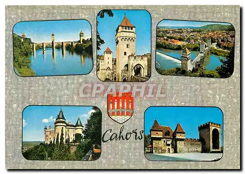 Moderne Karte Cahors Lot Le Pont Valentre Chateau de Mercues La Barbacane et la Tour des Pendus