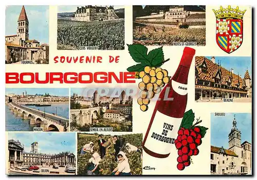 Moderne Karte Souvenir de Bourgogne Tournus Clos Vougeot Nuits St Georges Macon Semur en Auxois Beaune Dijon S