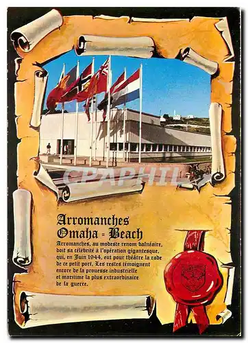 Moderne Karte Arromanches Calvados Port Winston Normandy Le musee du debarquement en Normandie et les drapeaux