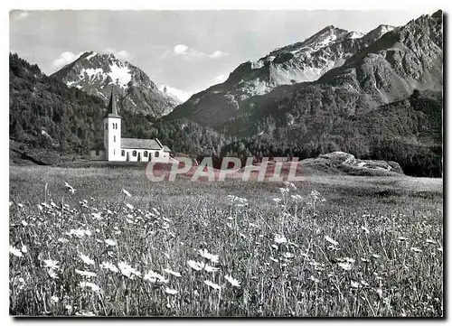 Moderne Karte Maloja Blick auf das Kirchlein und Monte del Forno