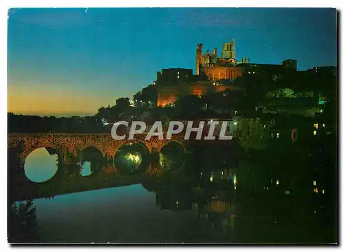 Moderne Karte Paysage du Langueduc Beziers Le Vieux Pont et la cathedrale St Nazaire la nuit