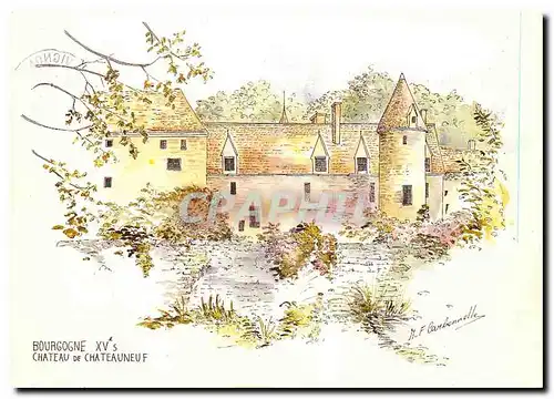 Moderne Karte Bourgogne Chateau neuf aquarelle originale