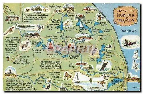 Cartes postales moderne Map of the Norfolk Broads