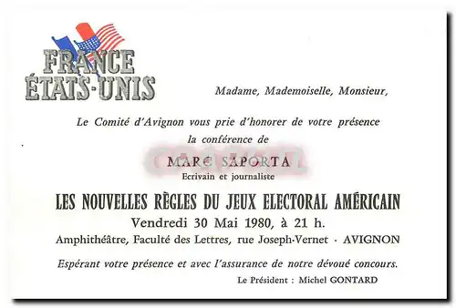Cartes postales moderne Carton d'invitation Marc Saporta Nouvelles regles du Jeu electoral americain Avignon Faculte des