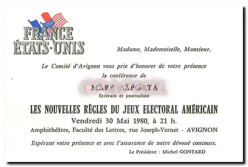 Moderne Karte Carton d'invitation Marc Saporta Nouvelles regles du Jeu electoral americain Avignon Faculte des