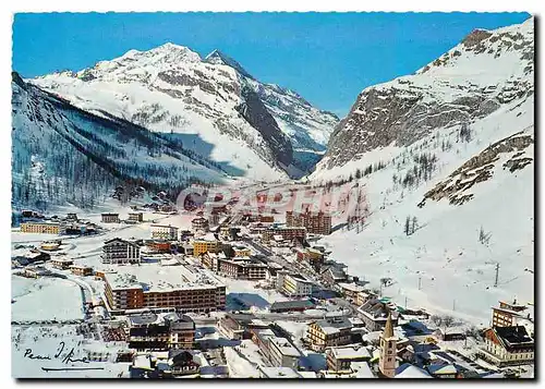 Moderne Karte Val d'Isere Vue aerienne sur la Station Au fond le Mont Pourri