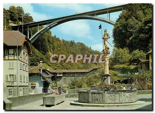 Moderne Karte Fribourg Fontaine de la Fidelite et Pont du Gotteron