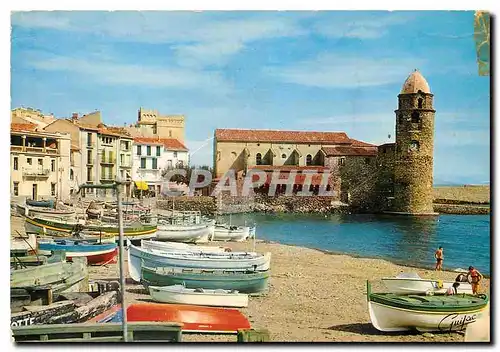 Moderne Karte La Cote Vermeille Collioure La plage et l'eglise Saint Vincent