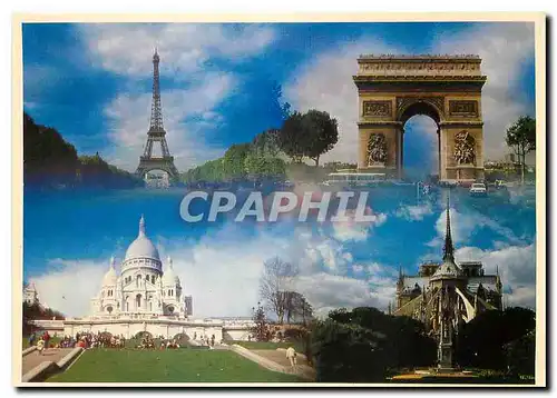 Cartes postales moderne Paris La Tour Eiffel L'Arc de Triomphe Le Sacre Coeur et la nef de Notre Dame