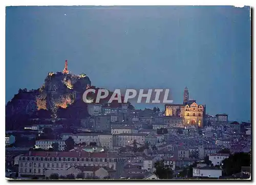 Moderne Karte Le Puy en Velay Hte Loire facade de la Cathedrale et statue Notre Dame de France la nuit