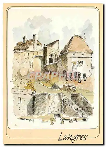 Moderne Karte Langres Haute Marne les remparts la Porte de l'Hotel de Ville de la Fontaine St Didier Aquarelle