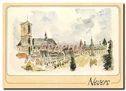 Moderne Karte Nevers Nievre la Cathedrale Saint Cyr et le Palais ducal aquarelle de G Audusseau