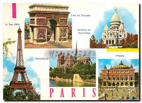 Moderne Karte Paris L'Arc de Triomphe Basilique du Sacre Coeur La Tour Eiffel