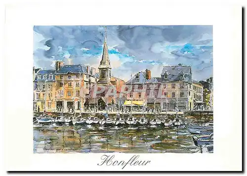 Moderne Karte Honfleur (Calvados) Aquarelle de Pierre Legrand