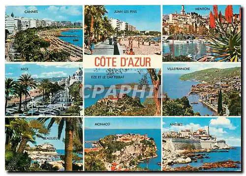 Moderne Karte Cote d'Azur Cannes Juan les pins Menton Nice Eze Villefranche Beaulieu Monaco Antibes