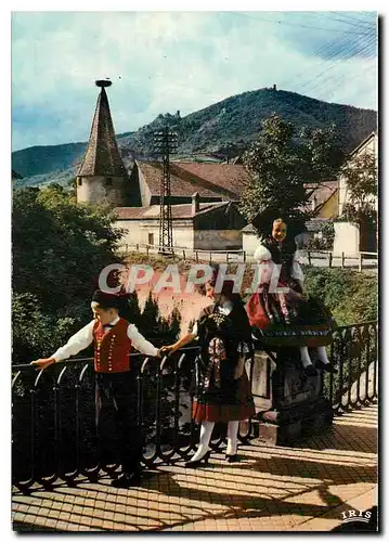 Moderne Karte L'Alsace Pittoresque Ribeauville (Haut Rhin) vue sur les 3 chateaux Folklore