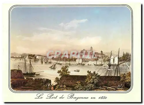 Moderne Karte Bayonne Vieille gravure de 1850 Le Port de Bayonne avec la Cathedrale