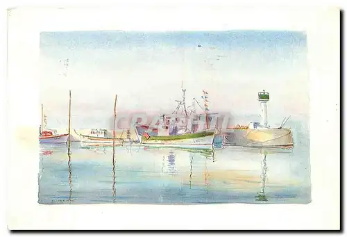 Moderne Karte Ile de Re Le port de Rivedoux Aquarelle de Claude Veyssiere