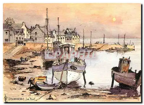 Moderne Karte Douarnenez Le Port aquarelle originale de Robert Lepine