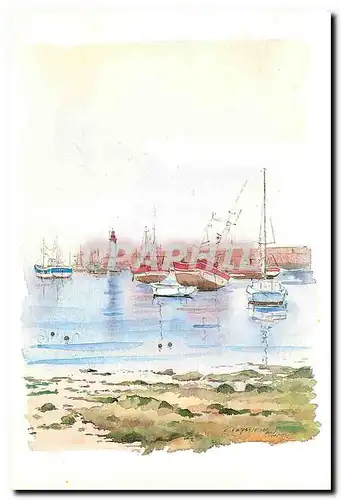 Moderne Karte Ile d'Oleron Maree montante dans le port de la Cotiniere Aquarelle de Claude Veyssiere